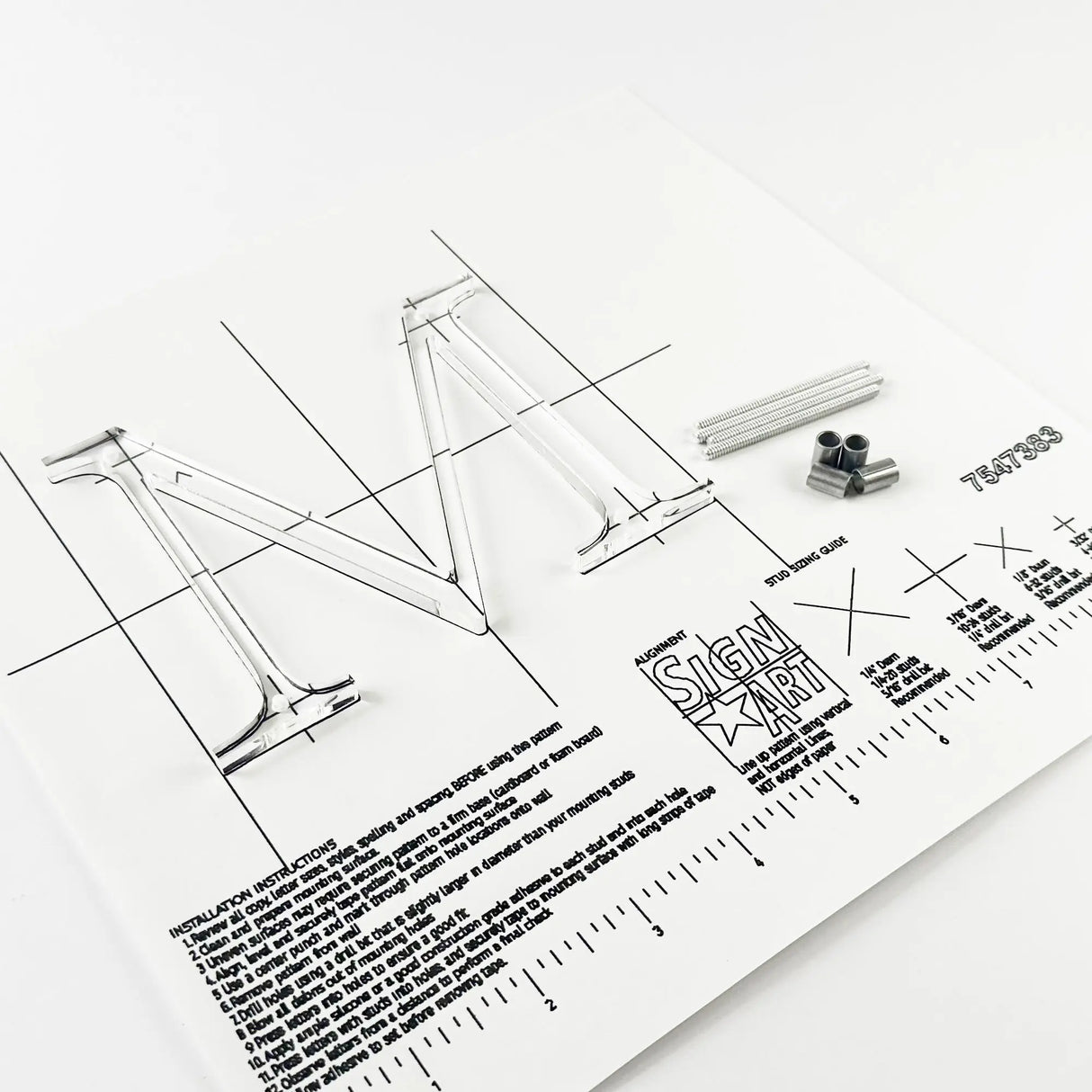 Clear acrylic division 10 architectural sign letter with back studs on mounting template