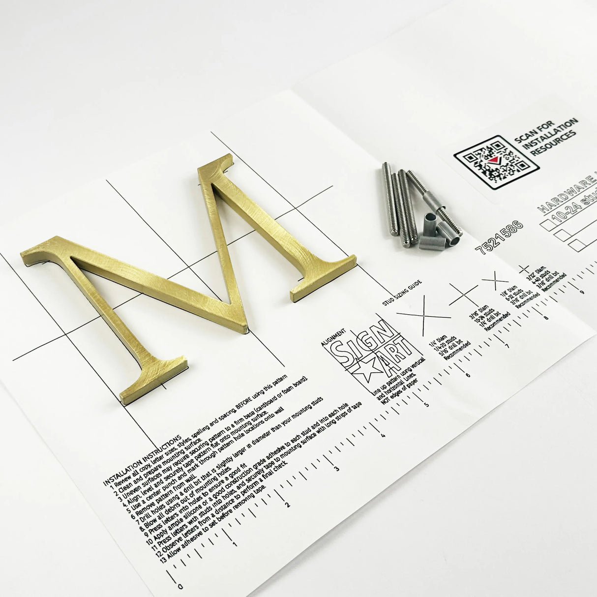 Random arc brushed solid brass division 10 architectural sign letter on mounting template with hardware