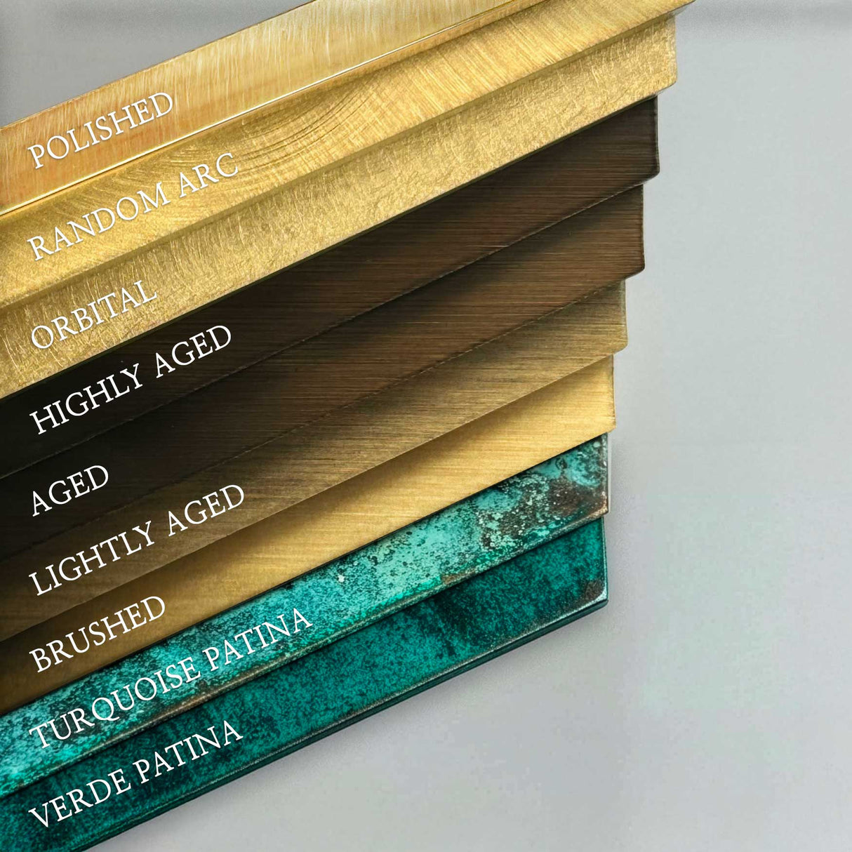 Side-by-side comparison of every finish option for solid bronze division 10 architectural sign letters