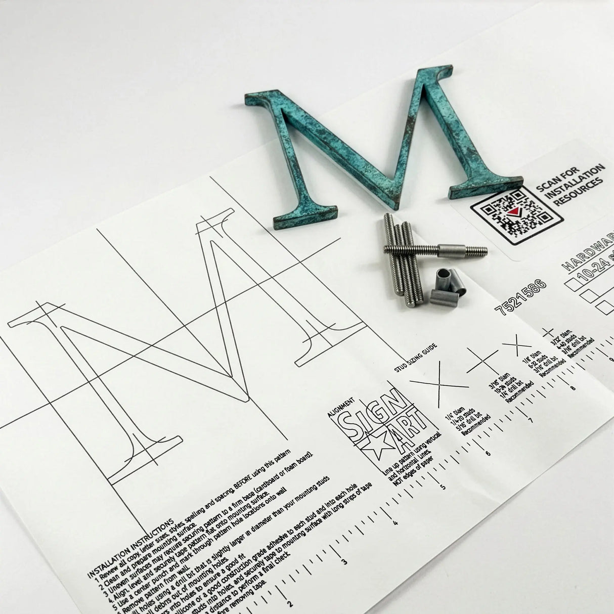 Turquoise patina bronze division 10 architectural sign letter with back stud mounting template and hardware