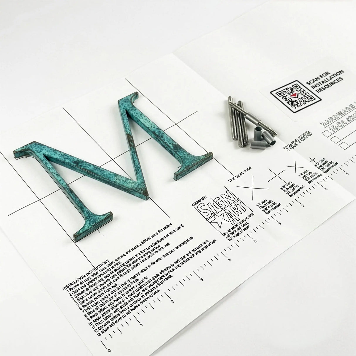 Turquoise patina bronze division 10 architectural sign letter with back stud mounting template and hardware