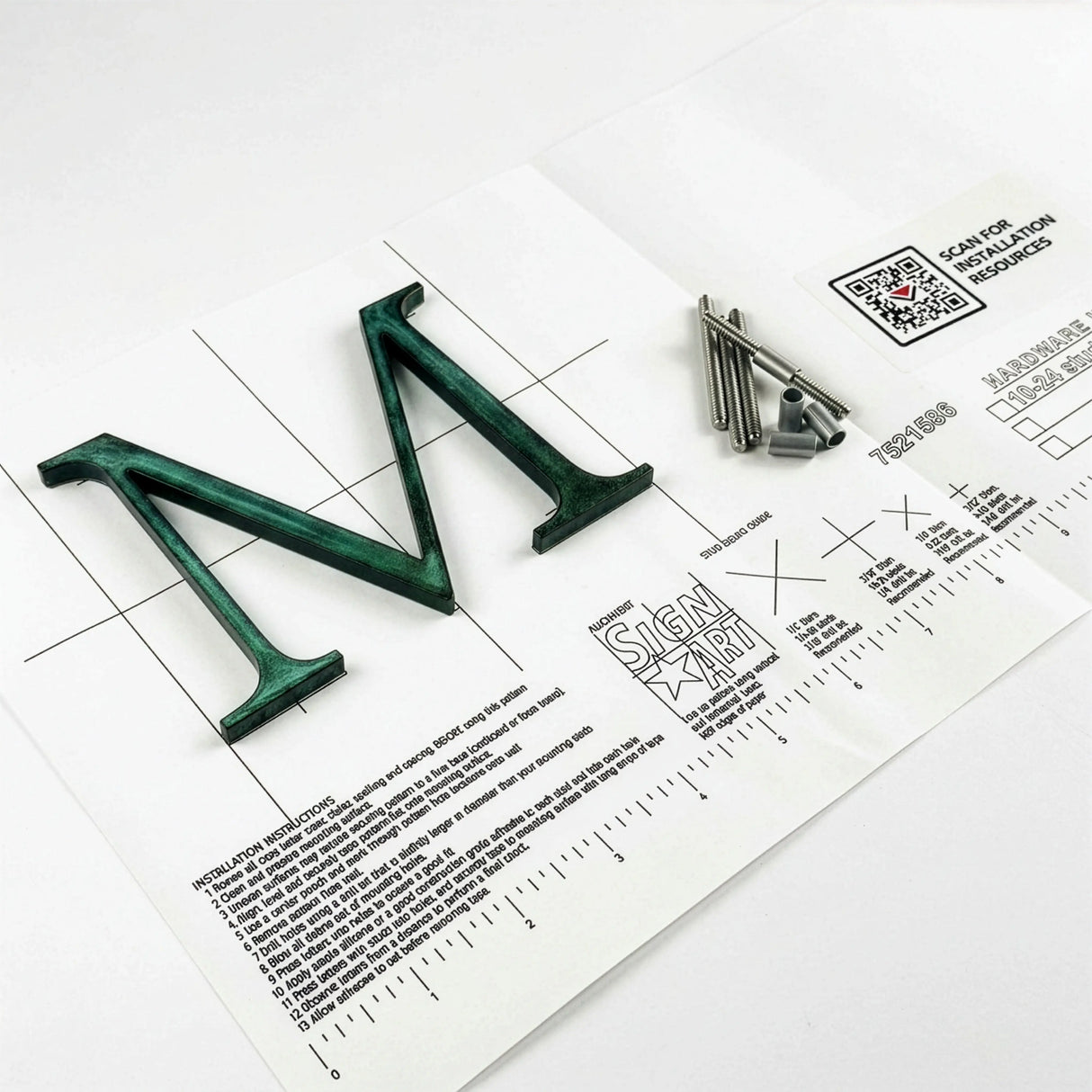 Verdigris patina bronze division 10 architectural sign letter with back stud mounting template and hardware
