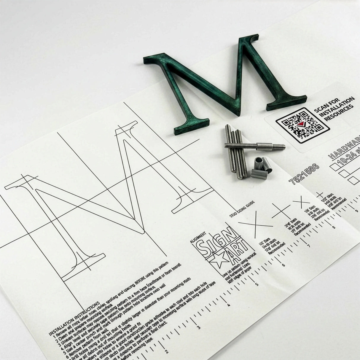 Verdigris patina bronze division 10 architectural sign letter with back stud mounting template and hardware