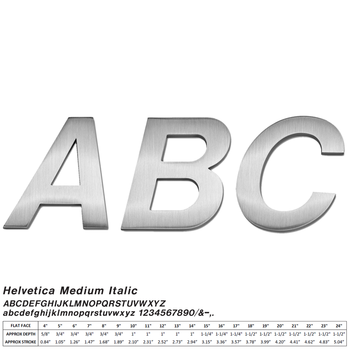 Cast aluminum sign letters in Helvetica Medium Italic font