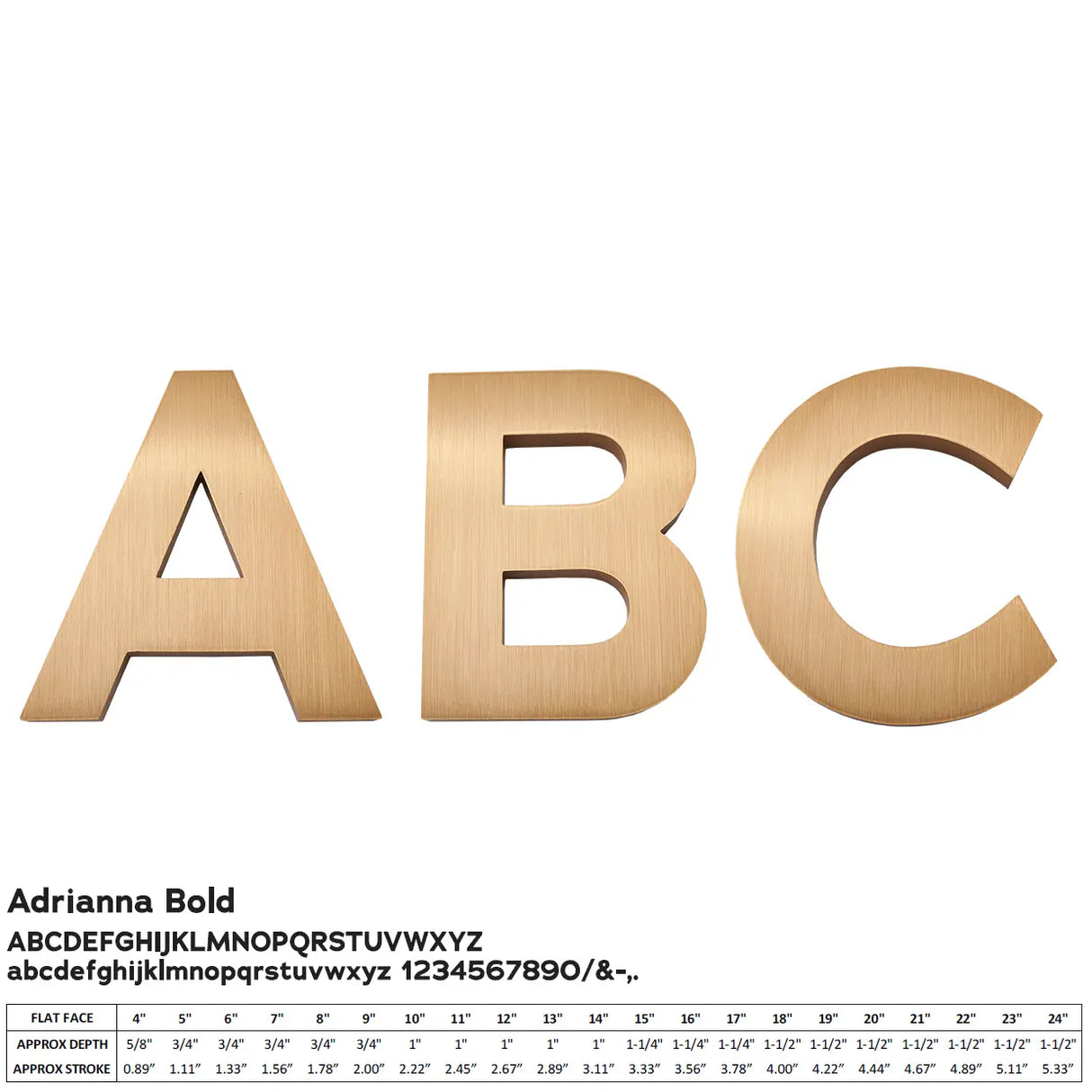 Cast bronze ABC letters in Adrianna Bold font