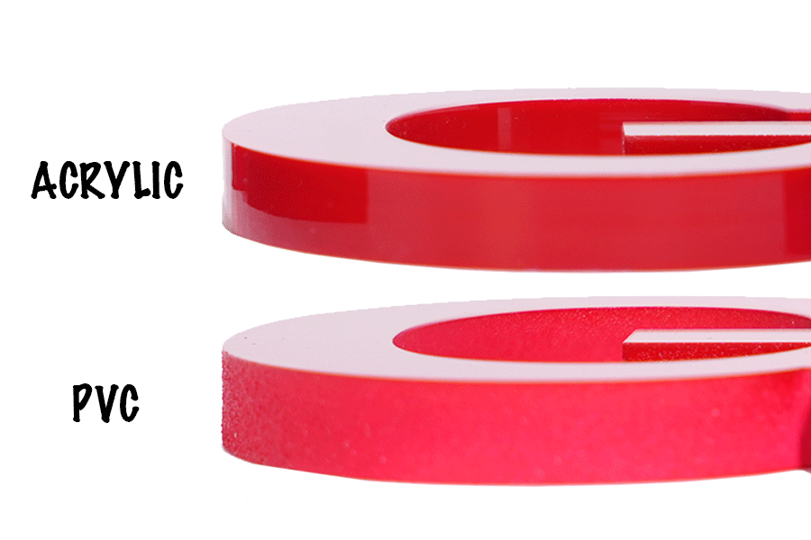 Close-up of two sign letter Gs - one in acrylic with polished sides, and the other in PVC with rough sides.