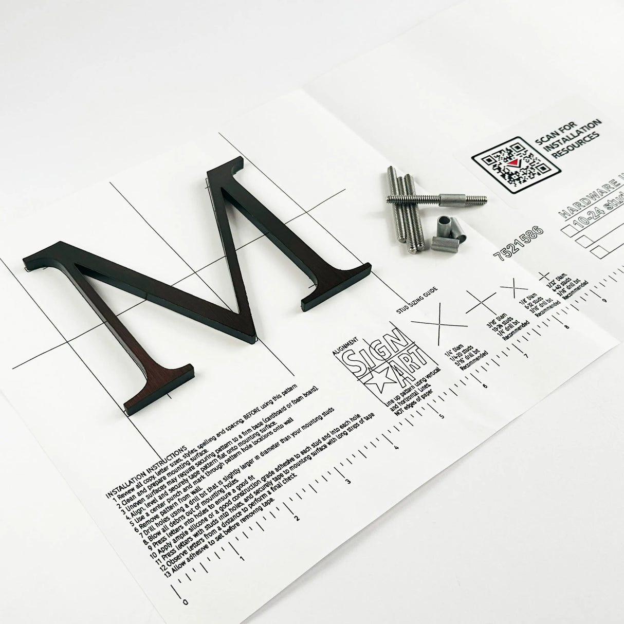 Dark alt oxidized solid copper division 10 architectural sign letter on mounting template with hardware