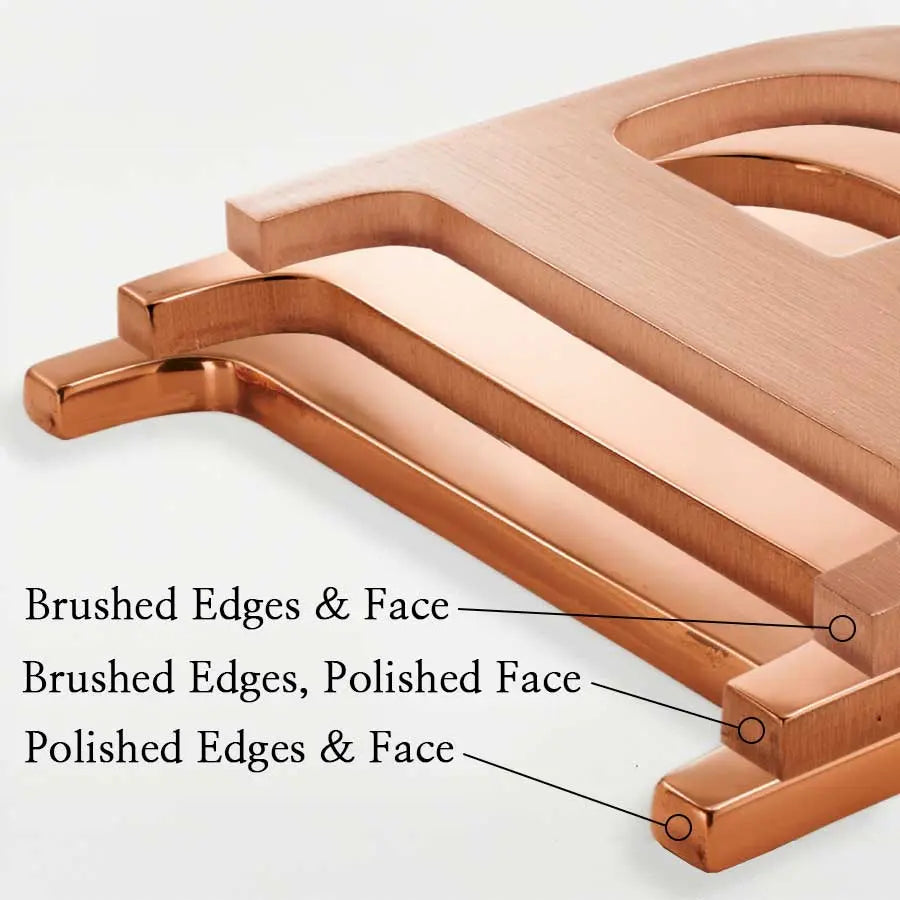 Comparison of polished and brushed face and side finishes for solid copper division 10 architectural sign letters