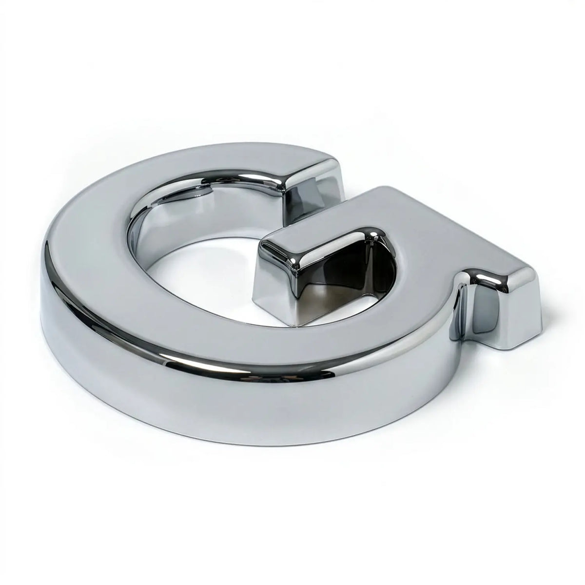 A polished chrome letter 'G' with a modern, three-dimensional block design, shown on a clean white background.