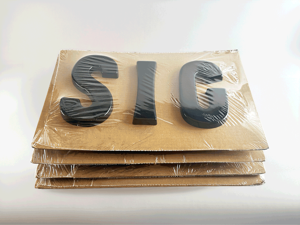 Formed plastic sign letter animation showing packaging, mounting template, and hardware