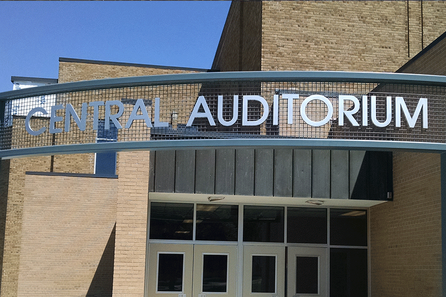 Auditorium sign with cast aluminum sign letters