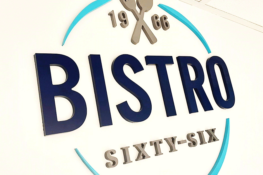 Restaurant sign with painted acrylic sign letters and shapes.