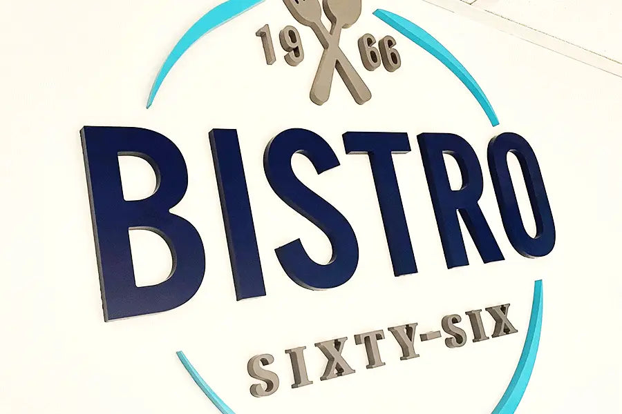 Restaurant sign with painted acrylic sign letters and shapes.