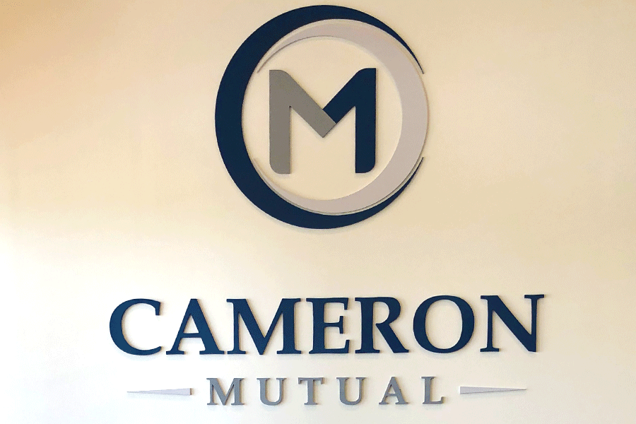 A lobby sign for Cameron Mutual Bank with blue and gray sign letters and a large acrylic M logo.