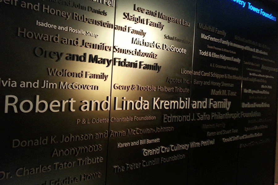 Dedication wall with aged bronze and brass sign letters.