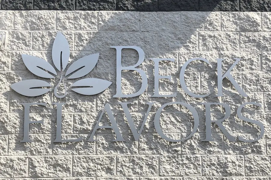 An exterior building sign with brushed aluminum sign letters and shapes.
