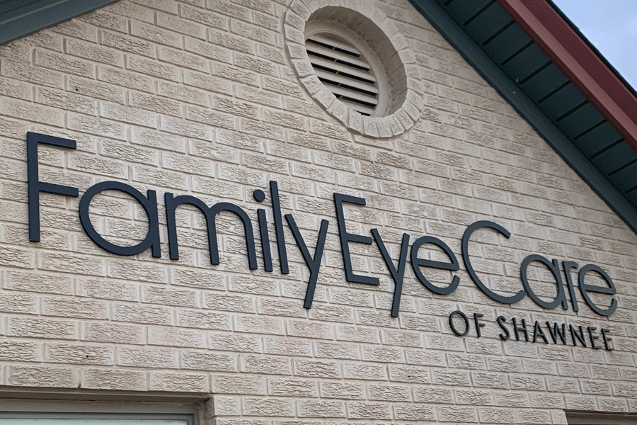An exterior sign for an optometrist with black anodized aluminum sign letters.