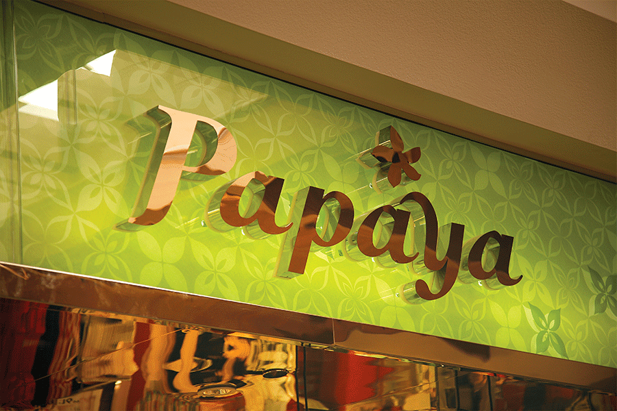 Restaurant sign with polished copper sign letters and shapes.