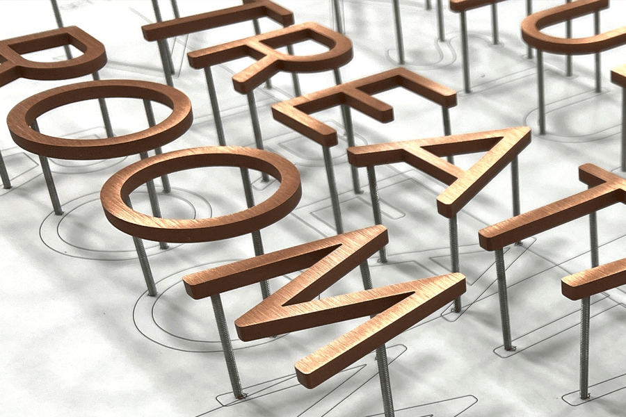 Flat cut brushed copper sign letters