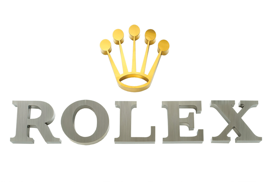 Brushed stainless steel Rolex store sign.