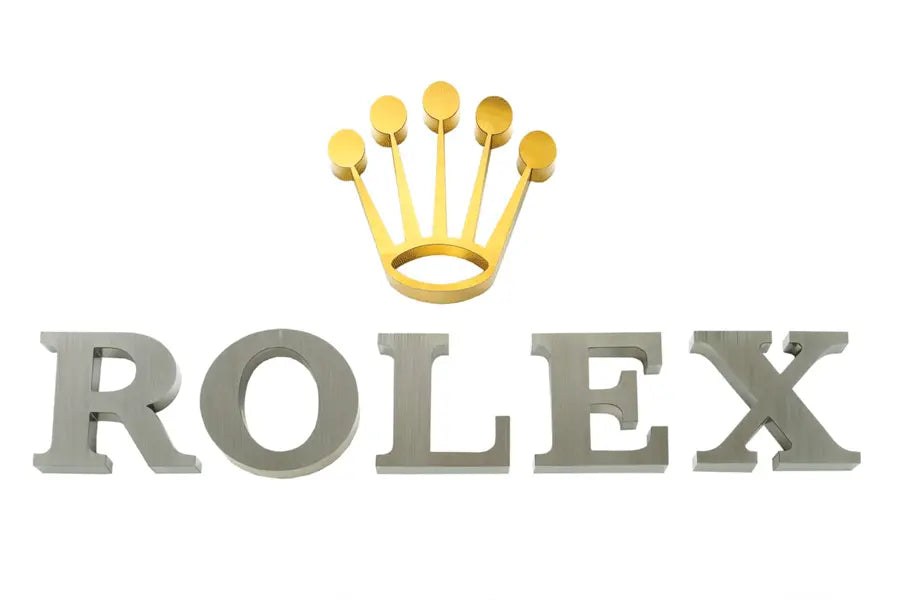 Brushed stainless steel Rolex store sign.