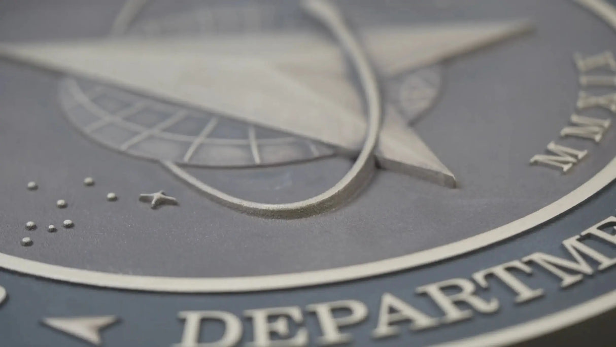 Closeup of sculpted bronze US Space Force seal