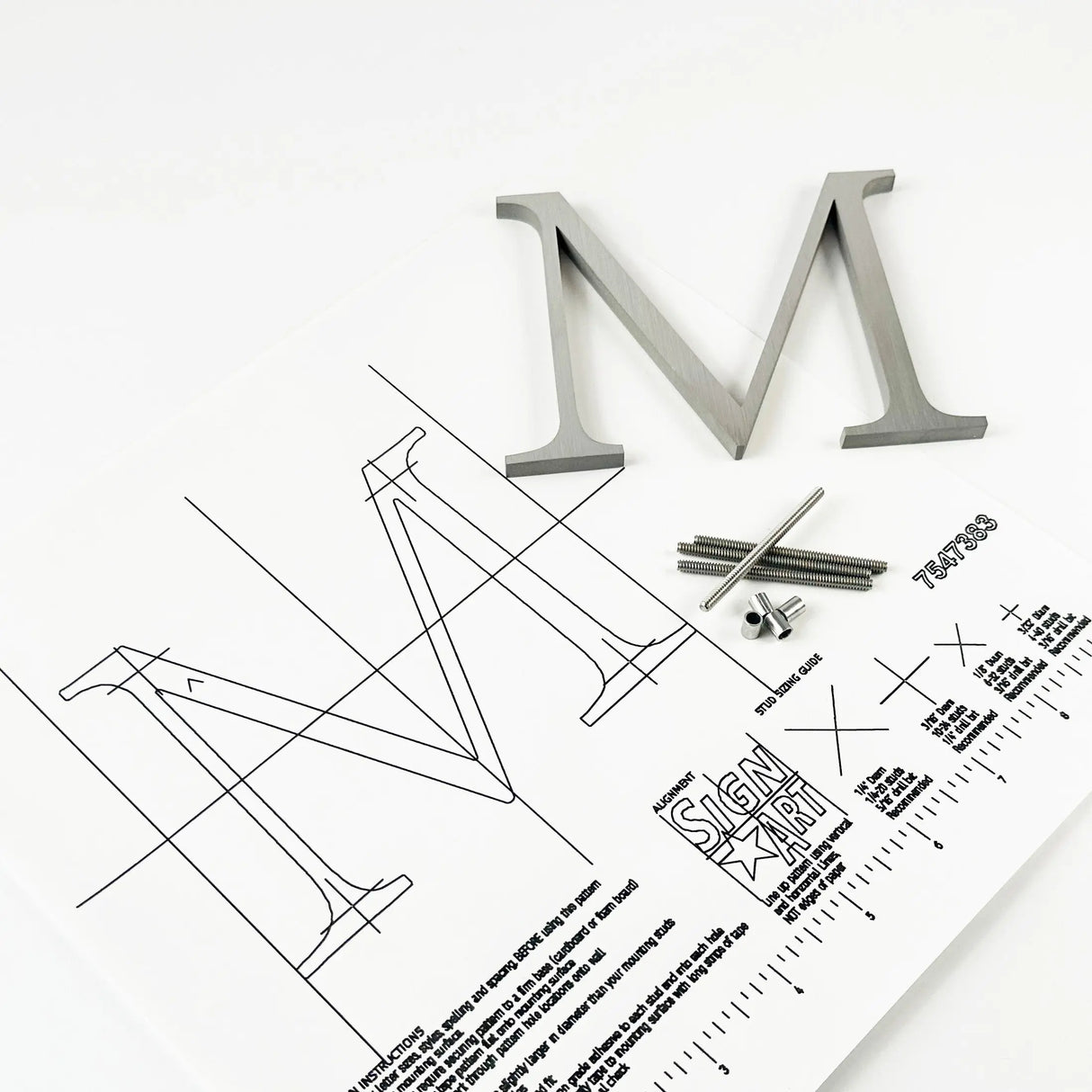 Brushed stainless steel division 10 architectural sign letter with back studs on mounting template