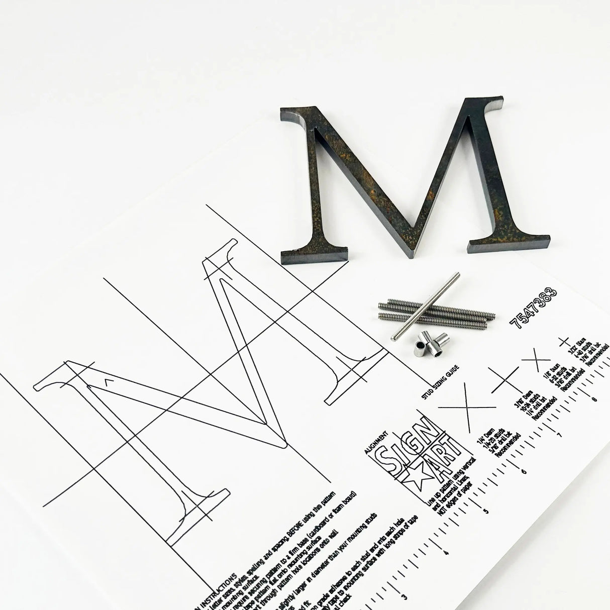 Cor-Ten steel division 10 architectural sign letter with back stud mounting template and hardware