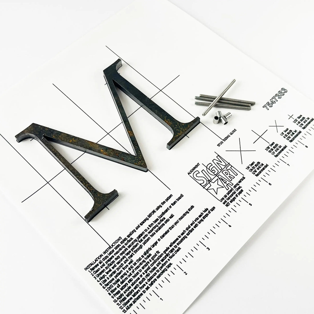 Cor-Ten steel division 10 architectural sign letter with back stud mounting template and hardware