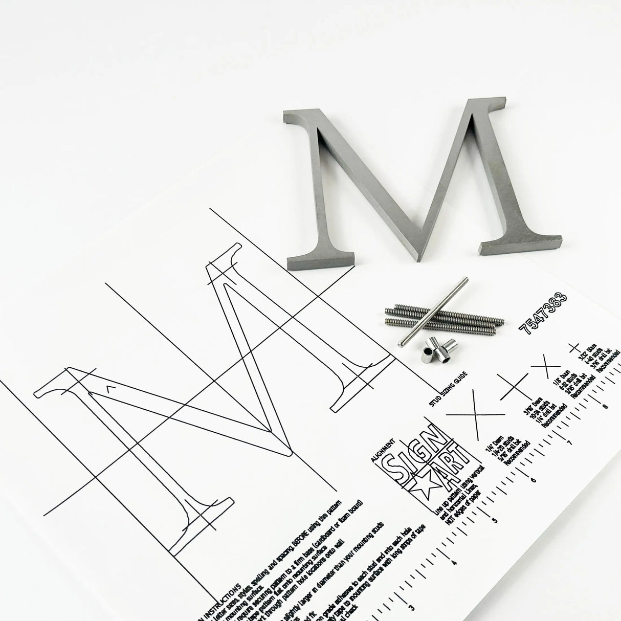 Orbital brushed stainless steel division 10 architectural sign letter with back studs on mounting template