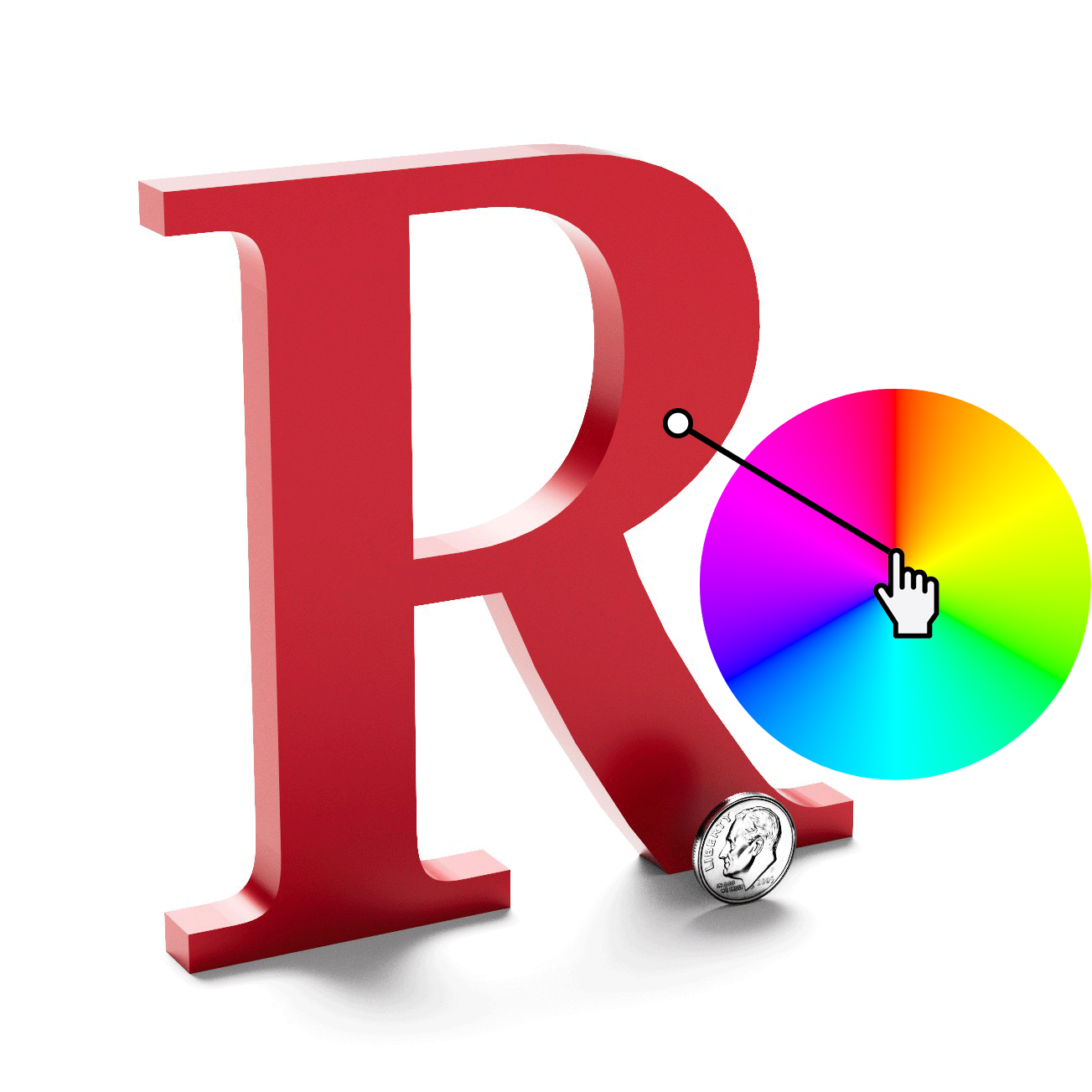 Flat cut acrylic letter R overlaid with a gradient color wheel selector.