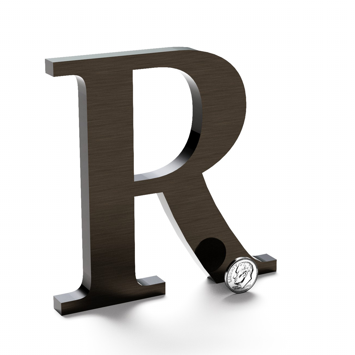 Flat cut bronze letter R with a dark aged finish.