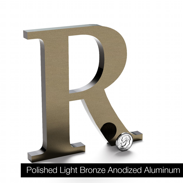 Polished light bronze anodized aluminum sign letter R.