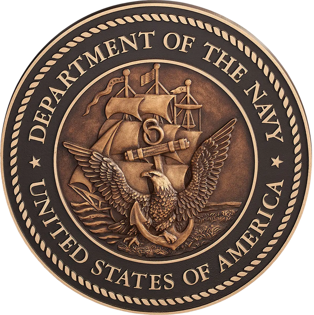 US Department of the Navy military seal in cast bronze metal with a 3D sculpted face.
