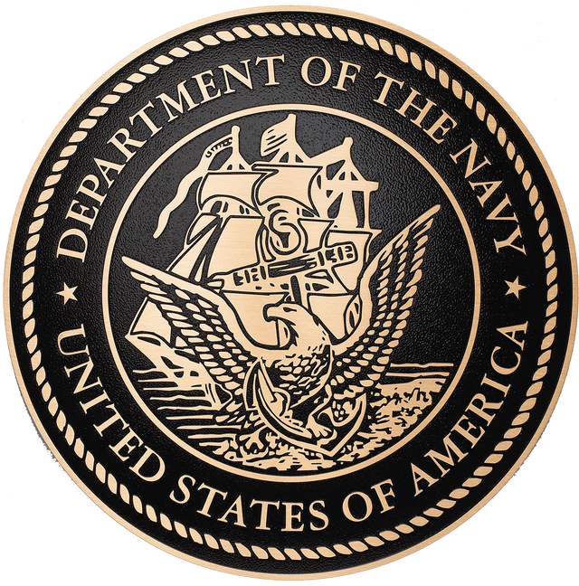 US Department of the Navy military seal in tooled bronze metal.
