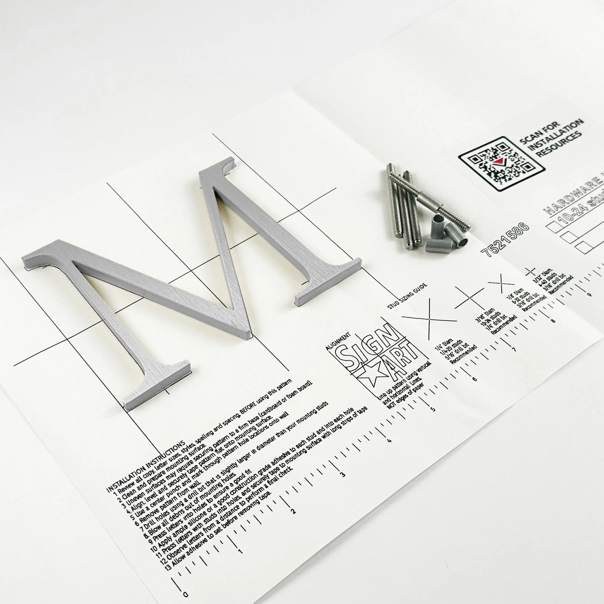 Brushed solid aluminum division 10 architectural sign letter with back stud mounting template and hardware