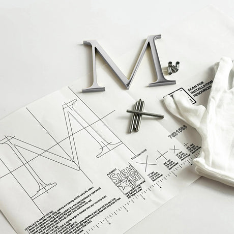 Polished solid aluminum division 10 architectural sign letter with back stud mounting template and hardware