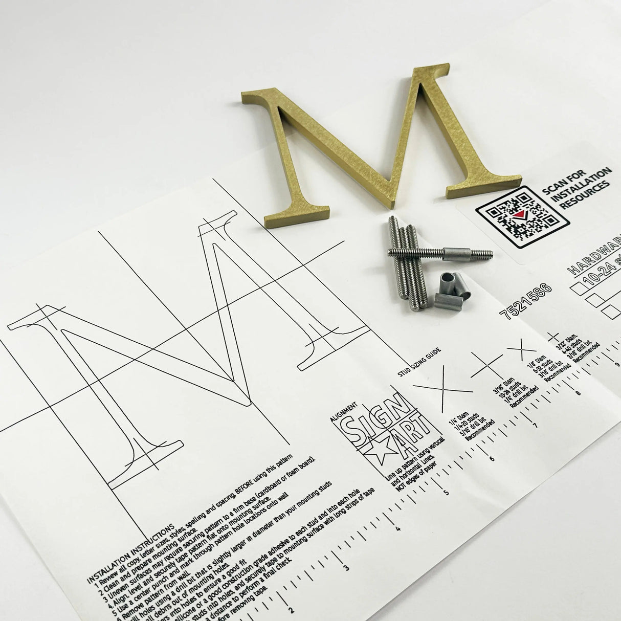 Orbital brushed solid brass division 10 architectural sign letter on mounting template with hardware