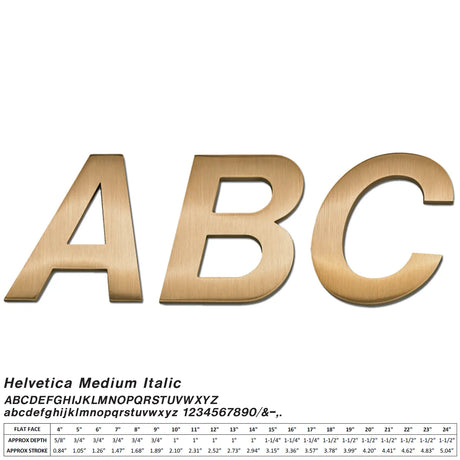 Cast bronze ABC letters in Helvetica Medium Italic font