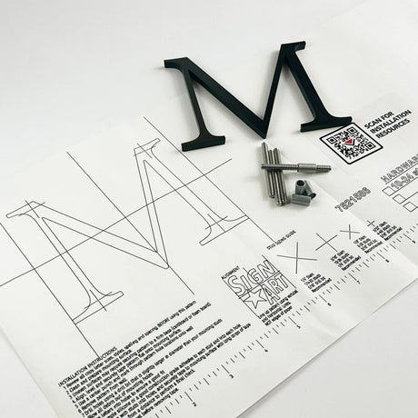 Dark alt oxidized solid copper division 10 architectural sign letter on mounting template with hardware