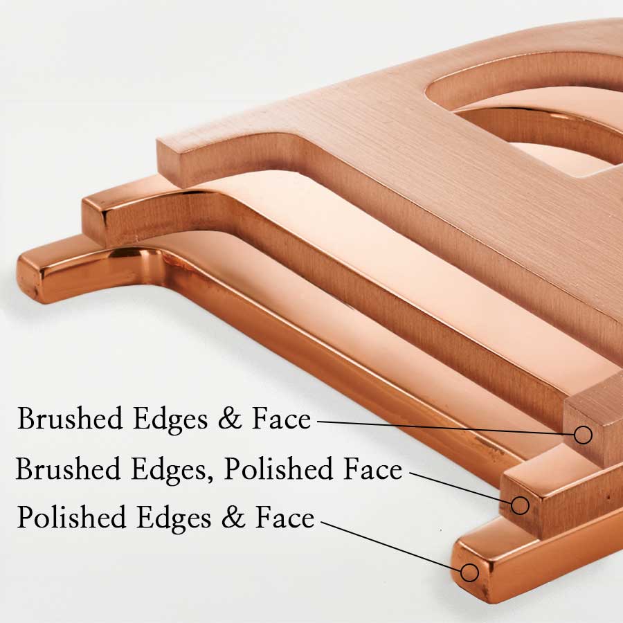 Comparison of polished and brushed face and side finishes for solid copper division 10 architectural sign letters