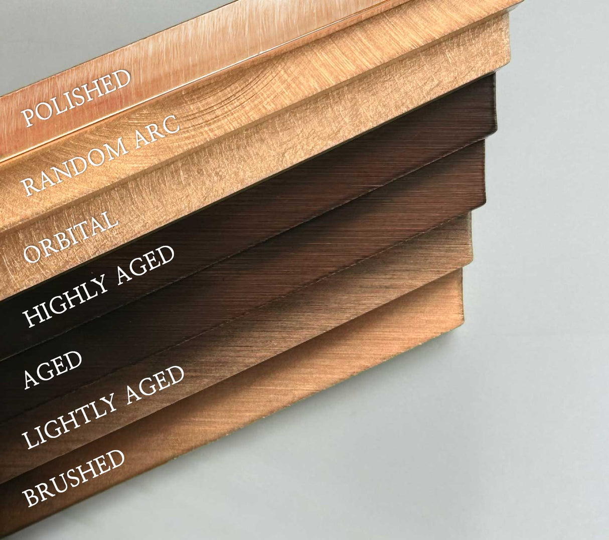 Side-by-side comparison of every finish option for solid copper division 10 architectural sign letters