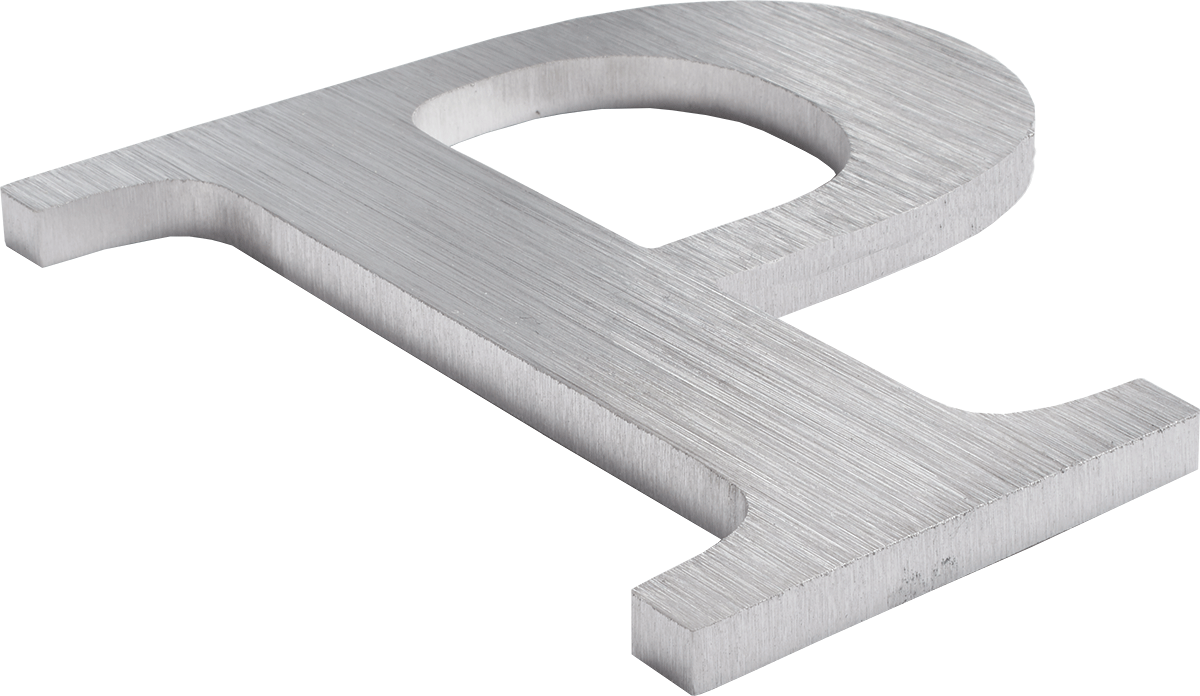 An aluminum letter P with a brushed face and brushed sides.