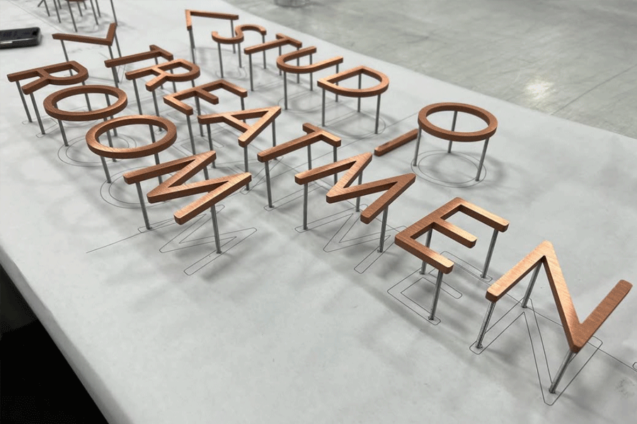 Flat cut brushed copper sign letters